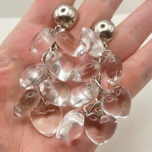 Vintage Clear Lucite Earrings Puffy Heart Silver-Tone Dangling 3" Y2K Statement